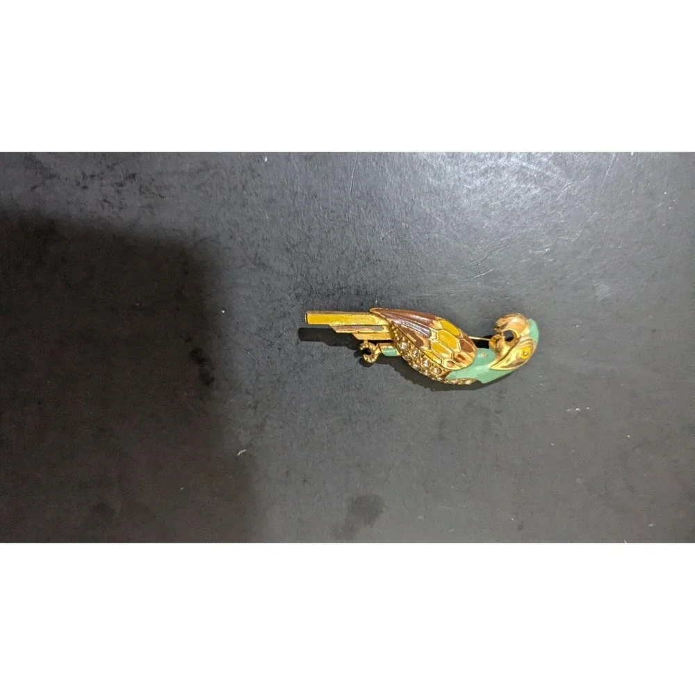 Vintage Parrot Bird Brooch Enamel Rhinestone Gold Tone Tropical‎ Animal Pin 2